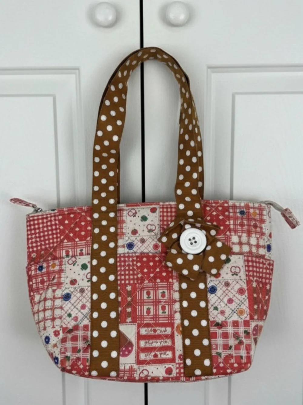 Red Patchwork Western Boho Tote with‎ Brown Polka-Dot Handles